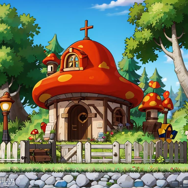 ((masterpiece,best quality)), absurdres,<lora:Henesys_Maple_Story_Anime:0.7>, Henesys_Maple_Story, outdoors, no humans, tree, grass, sky, house, scenery, mushroom, door, window, fence, chimney, sign, plant, building, nature,cinematic composition, 