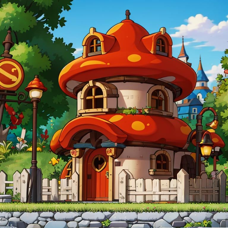 ((masterpiece,best quality)), absurdres,<lora:Henesys_Maple_Story_Anime:0.7>, Henesys_Maple_Story,outdoors, no humans, tree, grass, sky, house, scenery, mushroom, door, window, fence, chimney, sign, plant, building, nature,cinematic composition,