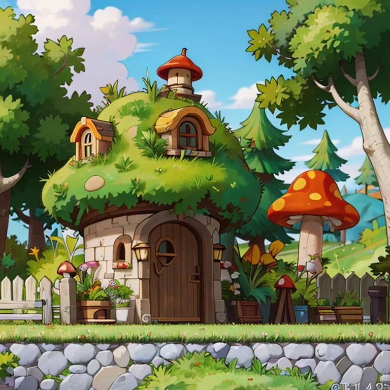 ((masterpiece,best quality)), absurdres,<lora:Henesys_Maple_Story_Anime:0.7>, Henesys_Maple_Story, outdoors, no humans, tree, grass, sky, house, scenery, mushroom, door, window, fence, chimney, sign, plant, building, nature,cinematic composition, 