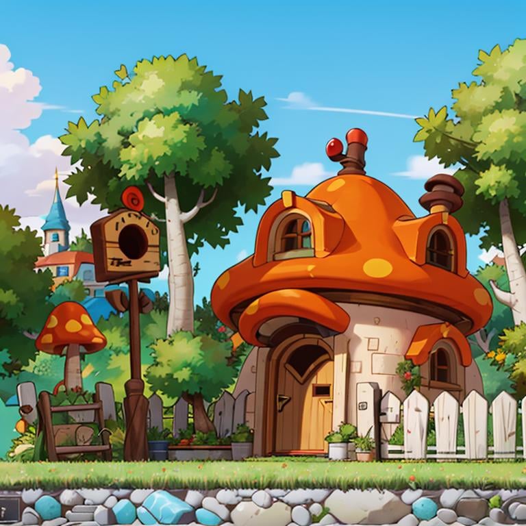 ((masterpiece,best quality)), absurdres,<lora:Henesys_Maple_Story_Anime:0.7>, Henesys_Maple_Story, outdoors, no humans, tree, grass, sky, house, scenery, mushroom, door, window, fence, chimney, sign, plant, building, nature,cinematic composition, 