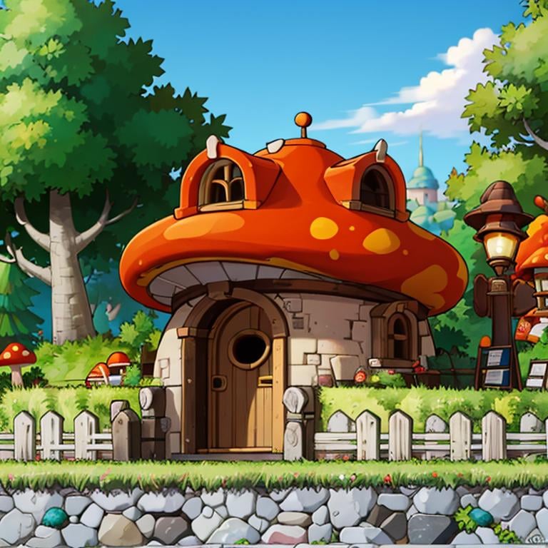 ((masterpiece,best quality)), absurdres,<lora:Henesys_Maple_Story_Anime:0.7>, Henesys_Maple_Story,outdoors, no humans, tree, grass, sky, house, scenery, mushroom, door, window, fence, chimney, sign, plant, building, nature,cinematic composition,