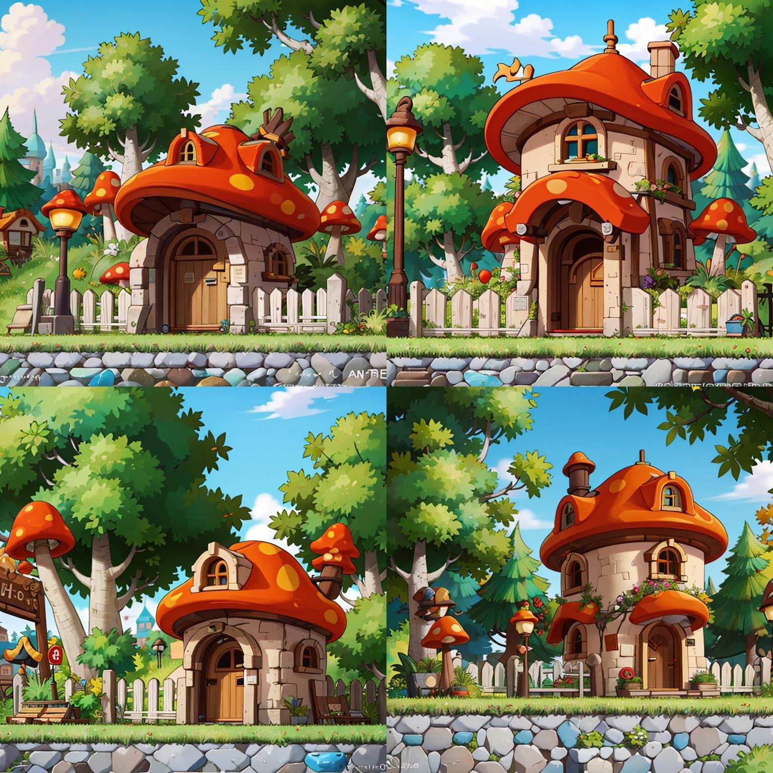 ((masterpiece,best quality)), absurdres,<lora:Henesys_Maple_Story_Anime:0.7>, Henesys_Maple_Story,outdoors, no humans, tree, grass, sky, house, scenery, mushroom, door, window, fence, chimney, sign, plant, building, nature,cinematic composition,