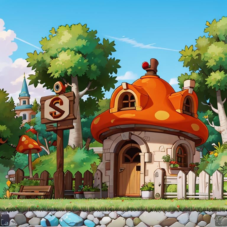 ((masterpiece,best quality)), absurdres,<lora:Henesys_Maple_Story_Anime:0.7>, Henesys_Maple_Story, outdoors, no humans, tree, grass, sky, house, scenery, mushroom, door, window, fence, chimney, sign, plant, building, nature,cinematic composition, 