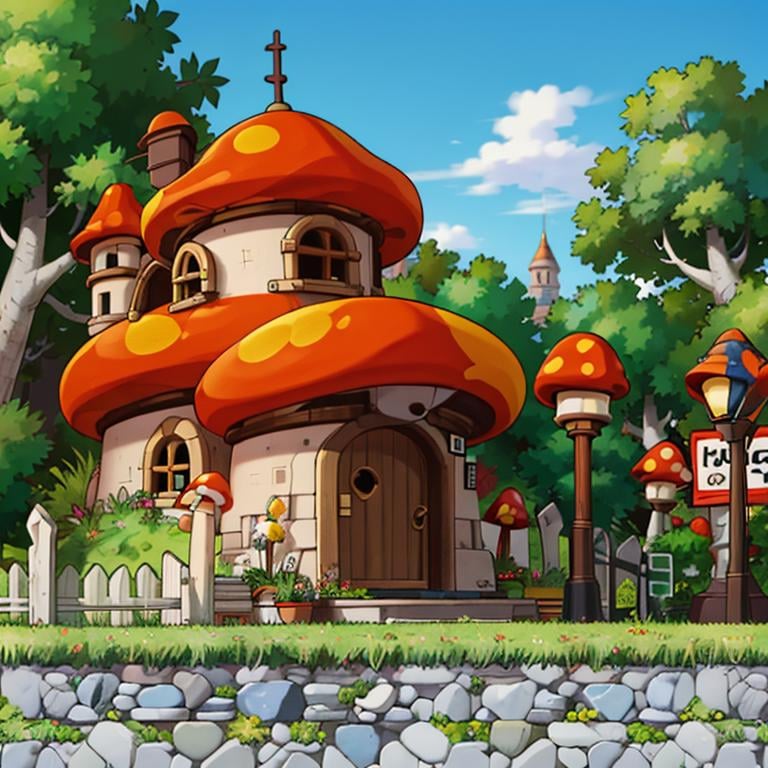 ((masterpiece,best quality)), absurdres,<lora:Henesys_Maple_Story_Anime:0.7>, Henesys_Maple_Story,outdoors, no humans, tree, grass, sky, house, scenery, mushroom, door, window, fence, chimney, sign, plant, building, nature,cinematic composition,