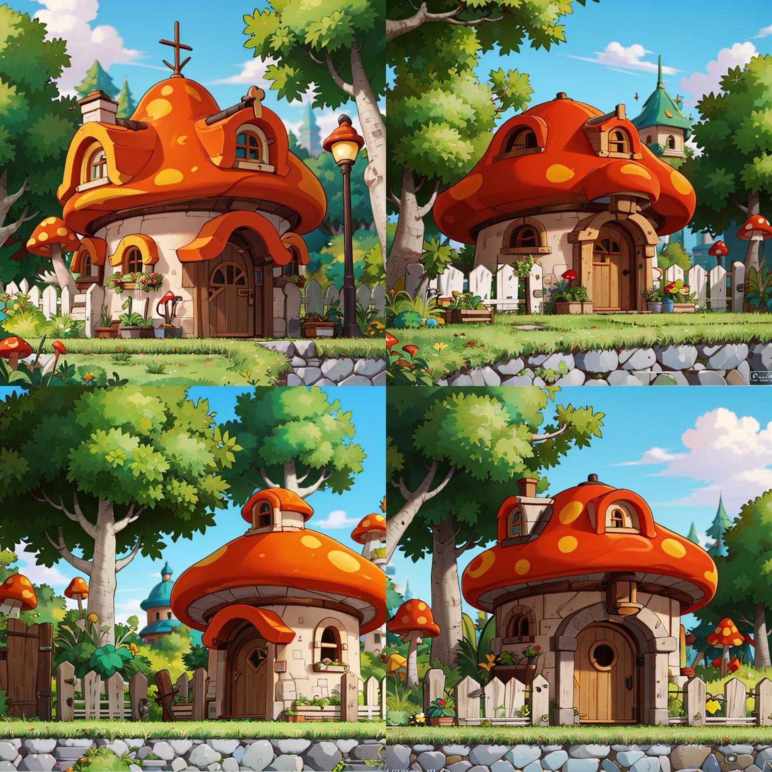 ((masterpiece,best quality)), absurdres,<lora:Henesys_Maple_Story_Anime:0.7>, Henesys_Maple_Story,outdoors, no humans, tree, grass, sky, house, scenery, mushroom, door, window, fence, chimney, sign, plant, building, nature,cinematic composition,