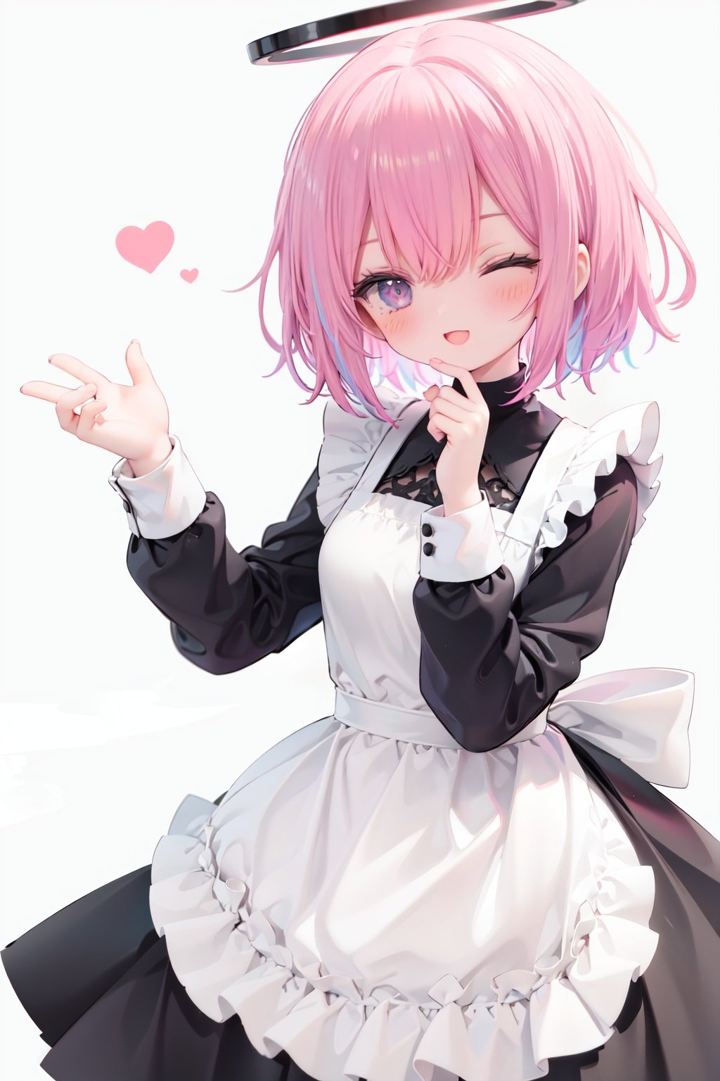  1girl, solo, apron, halo, hair over one eye, closed eyes, smile, white background, dress, white apron, simple background, long sleeves, multicolored hair, braid, open mouth, blue hair, alternate costume, blush, bangs, :d, pink hair, black dress, ribbon, frilled dress, enmaided, short hair, hand up, colored inner hair