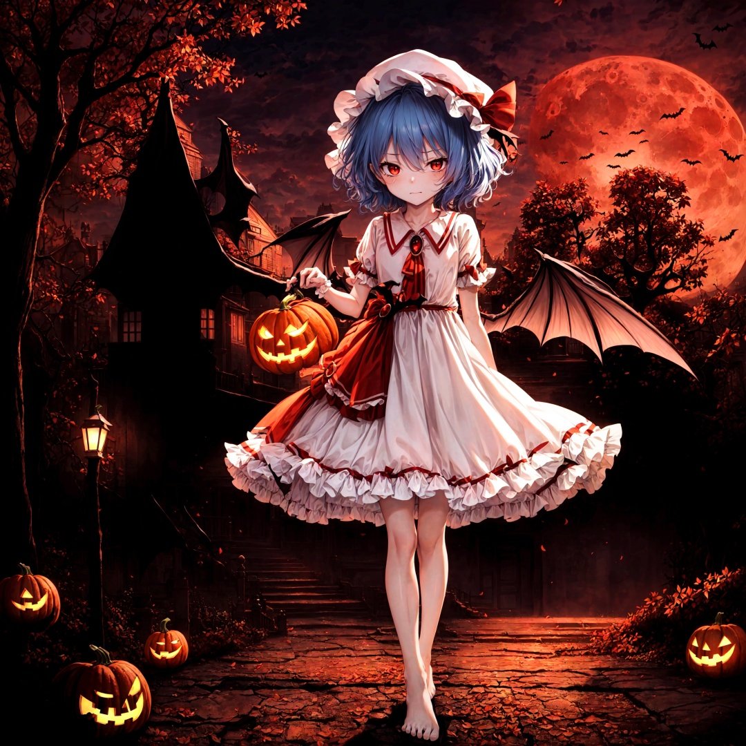  レミリア・スカーレット, ((red moon)), night, bat swarm, ((((remilia_scarlet))),Remilia Scarlet, (((1 loli))),(((9 years old))), ((little girl)), ribbon,Blue Hair,short hair,disheveled hair ,bat wing,DECAYING BAT WINGS,White Dress,red_moon, wings, solo, bloomers, hat_ribbon, barefoot, red_eyes,looking_at_viewer,

万圣节,Halloween Background,no humans, scenery, tree, jack-o'-lantern, pumpkin, halloween, house, building, door, outdoors