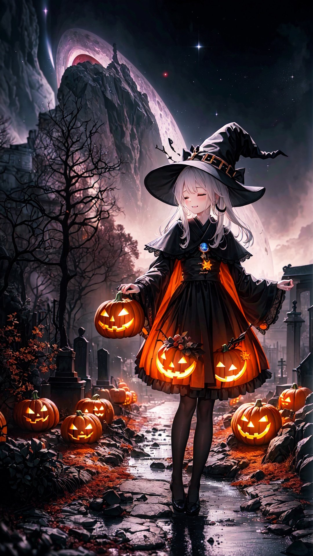  万圣节,Halloween Background,jack-o'-lantern, no humans, pumpkin, halloween, scenery, bare tree, tombstone, tree, night, graveyard, nature, forest, dark, outdoors

(masterpiece:1.3),(best quality:1.2),original,illustration,(an extremely delicate and beautiful),cinematic lighting,volume lighting,(wide shot:1.2),(full body:1.2), (1girl:1.3),(solo:1.3),(closed eyes:1.2),(white hair:1.2),(very long hair:1.2),smile,(liquid starry lace witch tulle hat:1.35),(star-shaped hair ornament),(on a rocky floor:1.2),(floating rock:1.3), (floats in the space:1.2),(background:black hole,purple vortex),((clusters of stars)),(Black hole:1.5),((Kagantua black hole)),astronomy,(bright and fineBlack-HoleAccretionDisk:1.4),(黑洞视界:1.2),bright and fine (bipolar jet:1.3),(Schwarzschild radius:1.2),chandrasekhar limit,