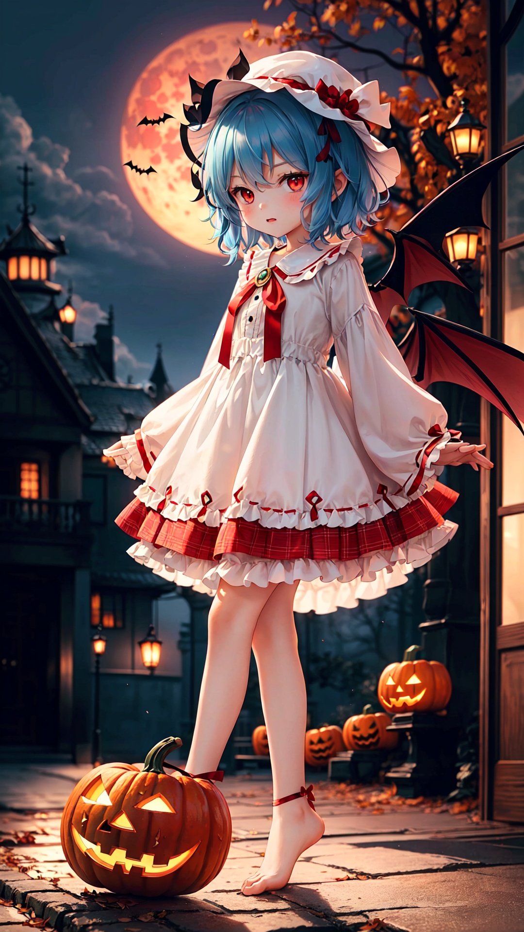 レミリア・スカーレット, ((red moon)), night, bat swarm, ((((remilia_scarlet))),Remilia Scarlet, (((1 loli))),(((9 years old))), ((little girl)), ribbon,Blue Hair,short hair,disheveled hair ,bat wing,DECAYING BAT WINGS,White Dress,red_moon, wings, solo, bloomers, hat_ribbon, barefoot, red_eyes, looking_at_viewer,

万圣节,Halloween Background,no humans, scenery, tree, jack-o'-lantern, pumpkin, halloween, house, building, door, outdoors