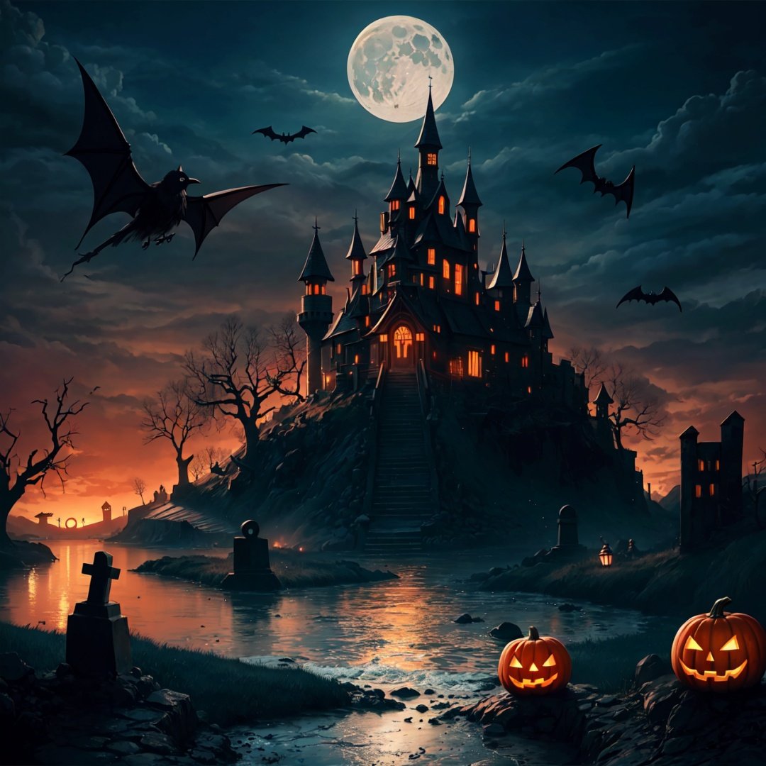 万圣节,Halloween Background,moon, jack-o'-lantern, night, full moon, bat \(animal\), graveyard, halloween, pumpkin, cloud, water, bird, sky, no humans, castle, tombstone