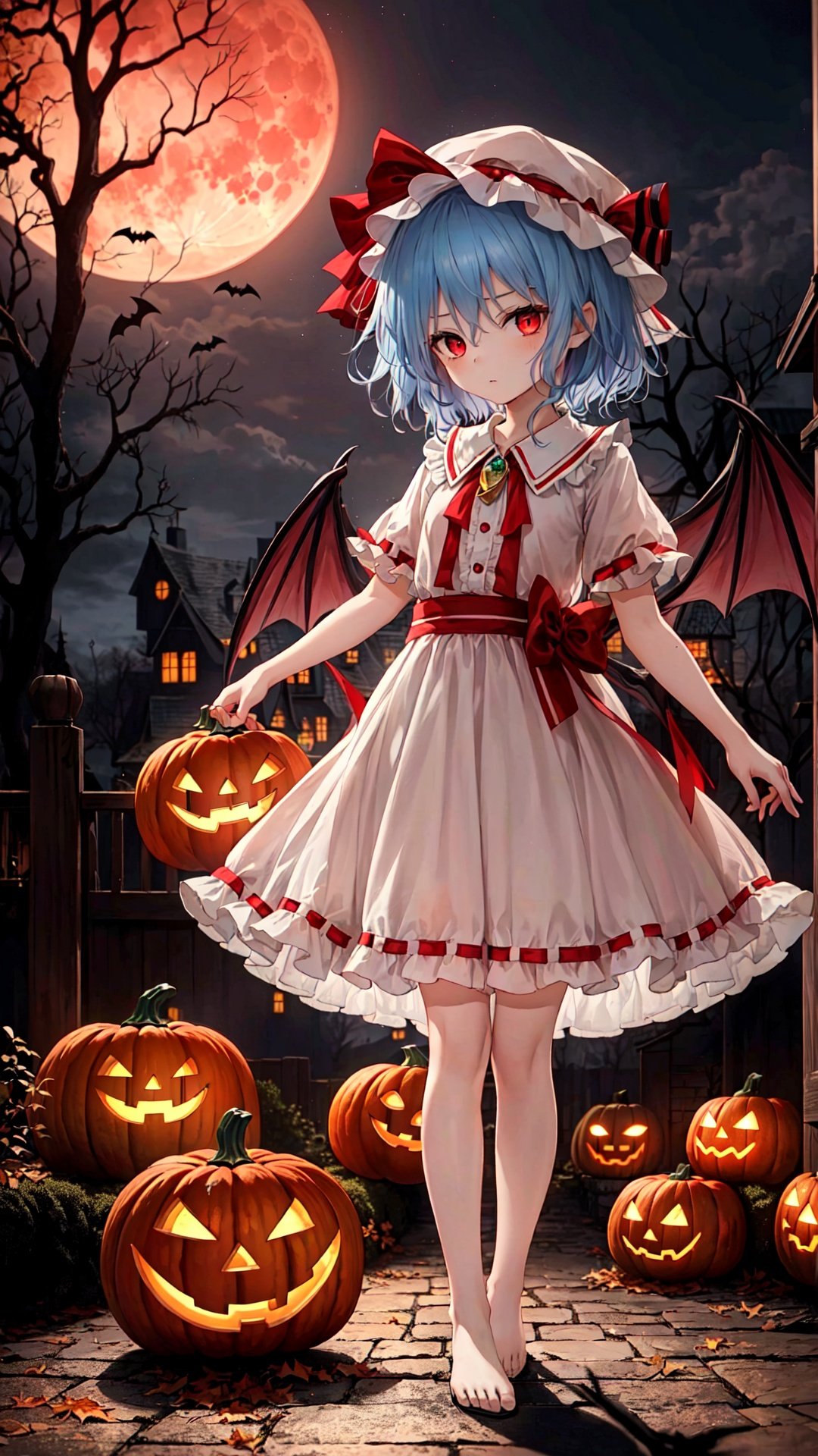 レミリア・スカーレット, ((red moon)), night, bat swarm, ((((remilia_scarlet))),Remilia Scarlet, (((1 loli))),(((9 years old))), ((little girl)), ribbon,Blue Hair,short hair,disheveled hair ,bat wing,DECAYING BAT WINGS,White Dress,red_moon, wings, solo, bloomers, hat_ribbon, barefoot, red_eyes, looking_at_viewer,

万圣节,Halloween Background,no humans, scenery, tree, jack-o'-lantern, pumpkin, halloween, house, building, door, outdoors