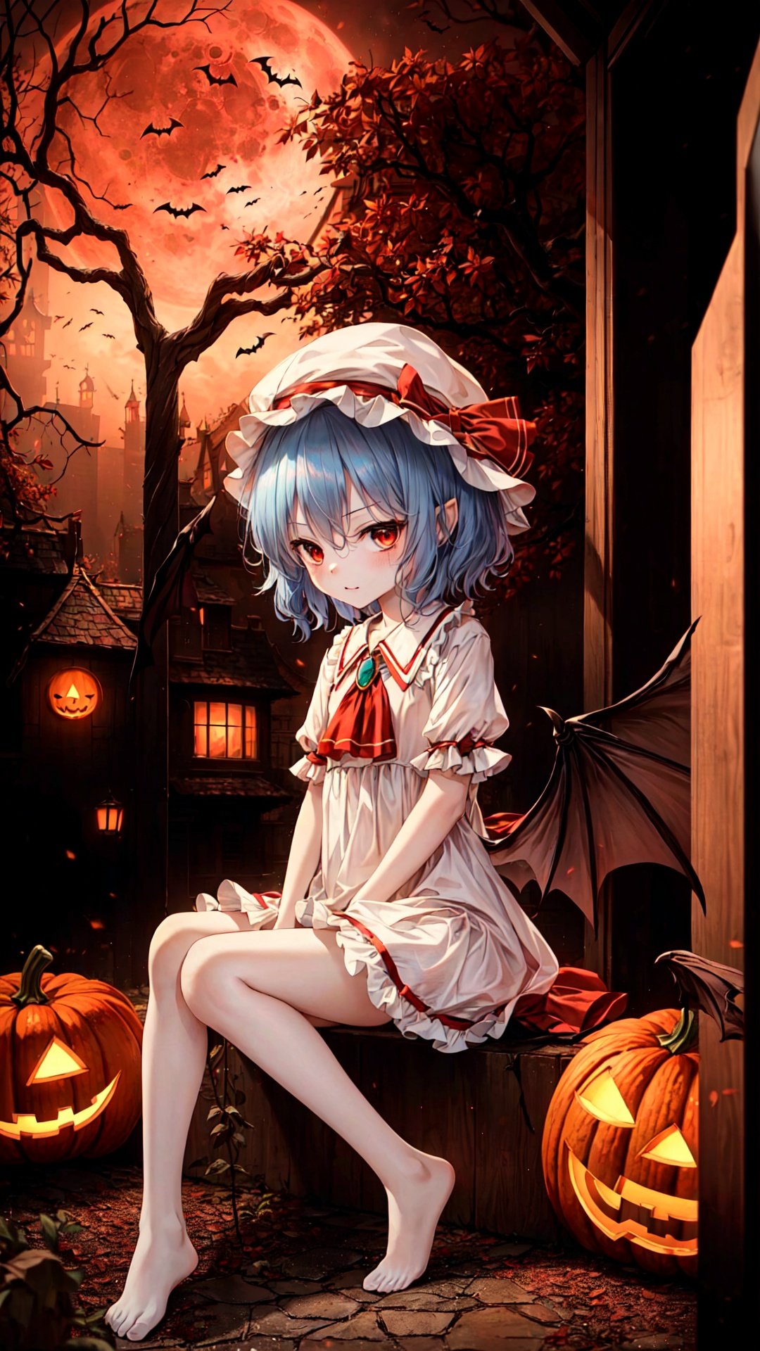 レミリア・スカーレット, ((red moon)), night, bat swarm, ((((remilia_scarlet))),Remilia Scarlet, (((1 loli))),(((9 years old))), ((little girl)), ribbon,Blue Hair,short hair,disheveled hair ,bat wing,DECAYING BAT WINGS,White Dress,red_moon, wings, solo, bloomers, hat_ribbon, barefoot, red_eyes, looking_at_viewer,

万圣节,Halloween Background,no humans, scenery, tree, jack-o'-lantern, pumpkin, halloween, house, building, door, outdoors