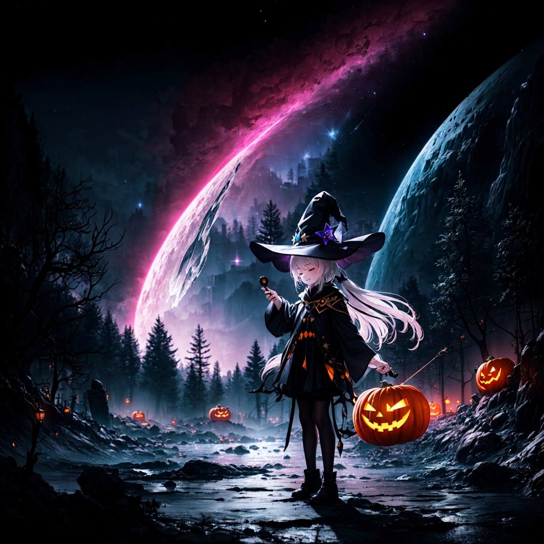 万圣节,Halloween Background,jack-o'-lantern, no humans, pumpkin, halloween, scenery, bare tree, tombstone, tree, night, graveyard, nature, forest, dark, outdoors

(masterpiece:1.3),(best quality:1.2),original,illustration,(an extremely delicate and beautiful),cinematic lighting,volume lighting,(wide shot:1.2),(full body:1.2), (1girl:1.3),(solo:1.3),(closed eyes:1.2),(white hair:1.2),(very long hair:1.2),smile,(liquid starry lace witch tulle hat:1.35),(star-shaped hair ornament),(on a rocky floor:1.2),(floating rock:1.3), (floats in the space:1.2),(background:black hole,purple vortex),((clusters of stars)),(Black hole:1.5),((Kagantua black hole)),astronomy,(bright andfineBlack-HoleAccretionDisk:1.4),(黑洞视界:1.2),bright and fine (bipolar jet:1.3),(Schwarzschild radius:1.2),chandrasekhar limit,