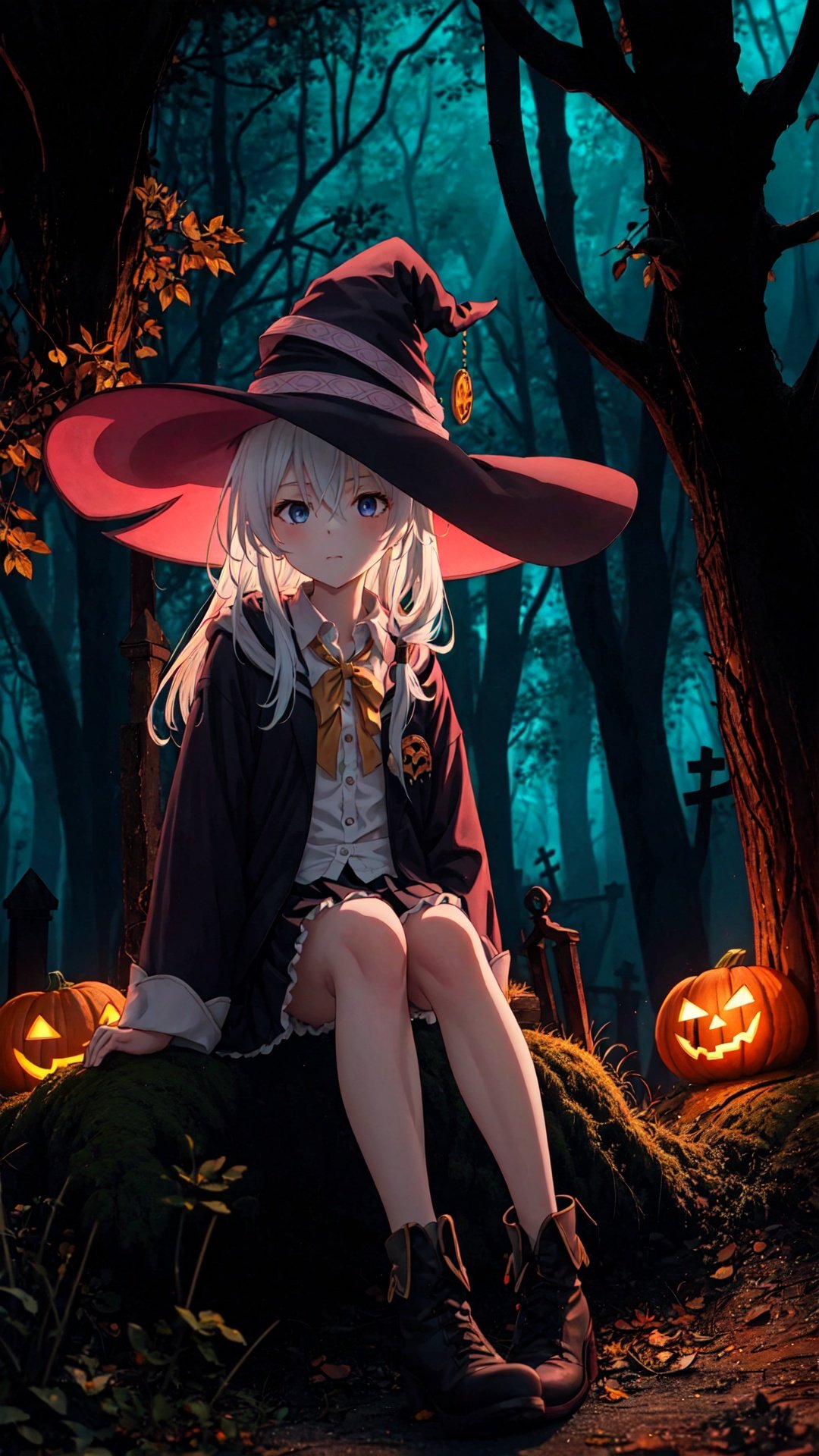 1girl, hat, elaina (majo no tabitabi), solo, witch hat, long hair, blue eyes, sitting, looking at viewer, skirt, shirt, white hair, witch, ribbon, white shirt, boots, tower, blush, bangs, long sleeves, hair between eyes, holding, collared shirt, elaina \(majo no tabitabi\),
万圣节,Halloween Background,jack-o'-lantern, no humans, pumpkin, halloween, scenery, bare tree, tombstone, tree, night, graveyard, nature, forest, dark, outdoors