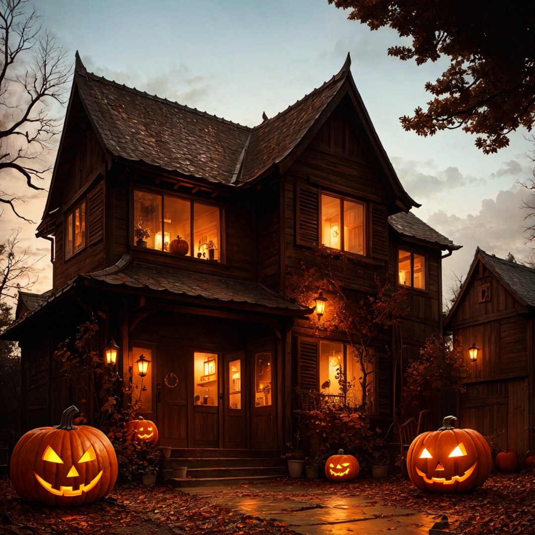 万圣节,Halloween Background,no humans, scenery, tree, jack-o'-lantern, pumpkin, halloween, house, building, door, outdoors