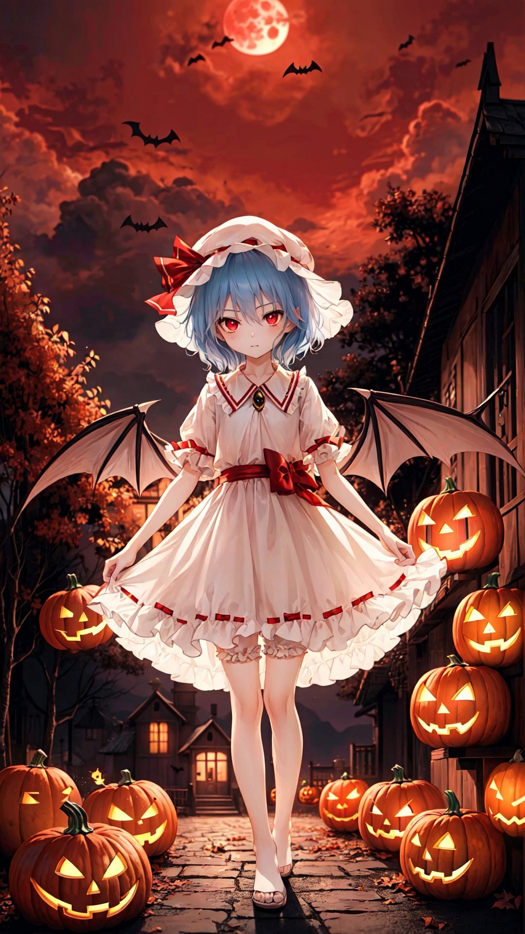 レミリア・スカーレット, ((red moon)), night, bat swarm, ((((remilia_scarlet))),Remilia Scarlet, (((1 loli))),(((9 years old))), ((little girl)), ribbon,Blue Hair,short hair,disheveled hair ,bat wing,DECAYING BAT WINGS,White Dress,red_moon, wings, solo, bloomers, hat_ribbon, barefoot, red_eyes, looking_at_viewer,

万圣节,Halloween Background,no humans, scenery, tree, jack-o'-lantern, pumpkin, halloween, house, building, door, outdoors