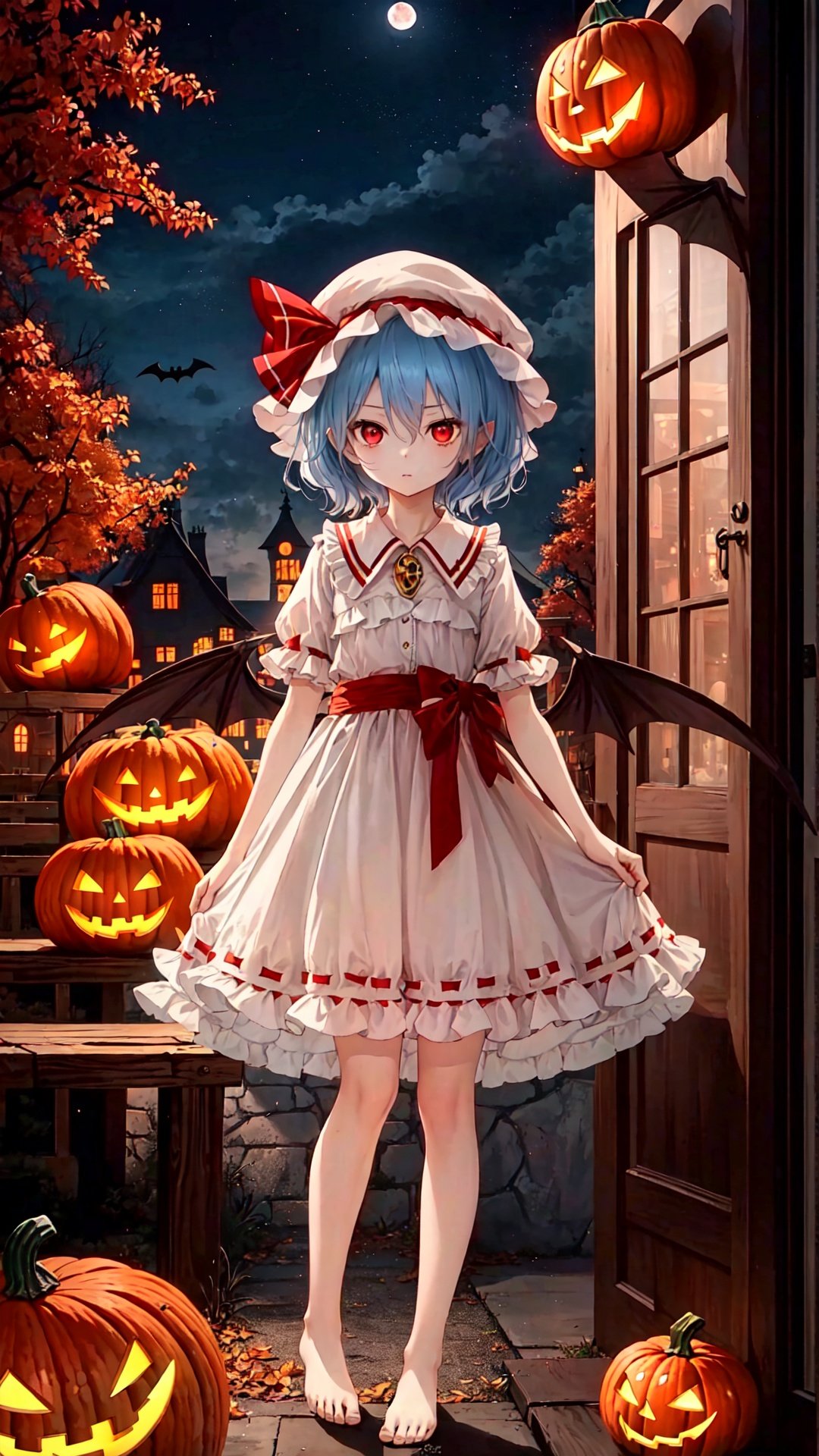 レミリア・スカーレット, ((red moon)), night, bat swarm, ((((remilia_scarlet))),Remilia Scarlet, (((1 loli))),(((9 years old))), ((little girl)), ribbon,Blue Hair,short hair,disheveled hair ,bat wing,DECAYING BAT WINGS,White Dress,red_moon, wings, solo, bloomers, hat_ribbon, barefoot, red_eyes, looking_at_viewer,

万圣节,Halloween Background,no humans, scenery, tree, jack-o'-lantern, pumpkin, halloween, house, building, door, outdoors