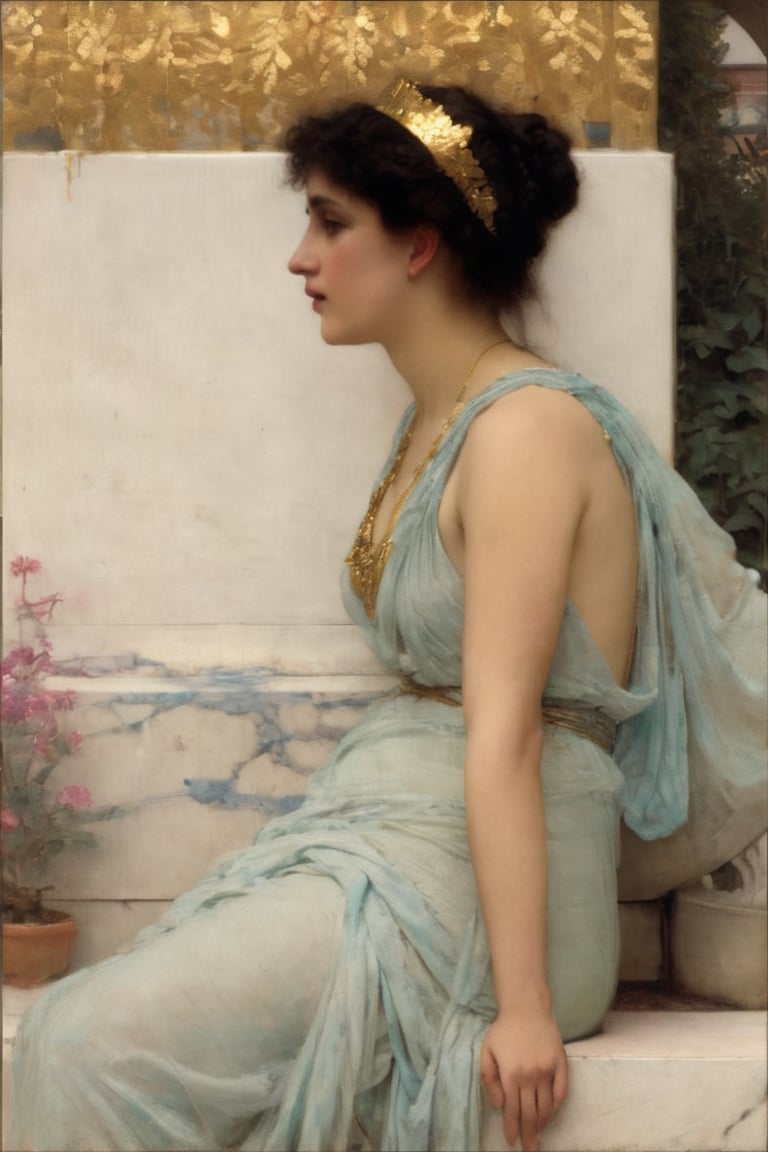 Shining goldleaf crown on a dark-haired woman by Lawrence Alma-Tadema