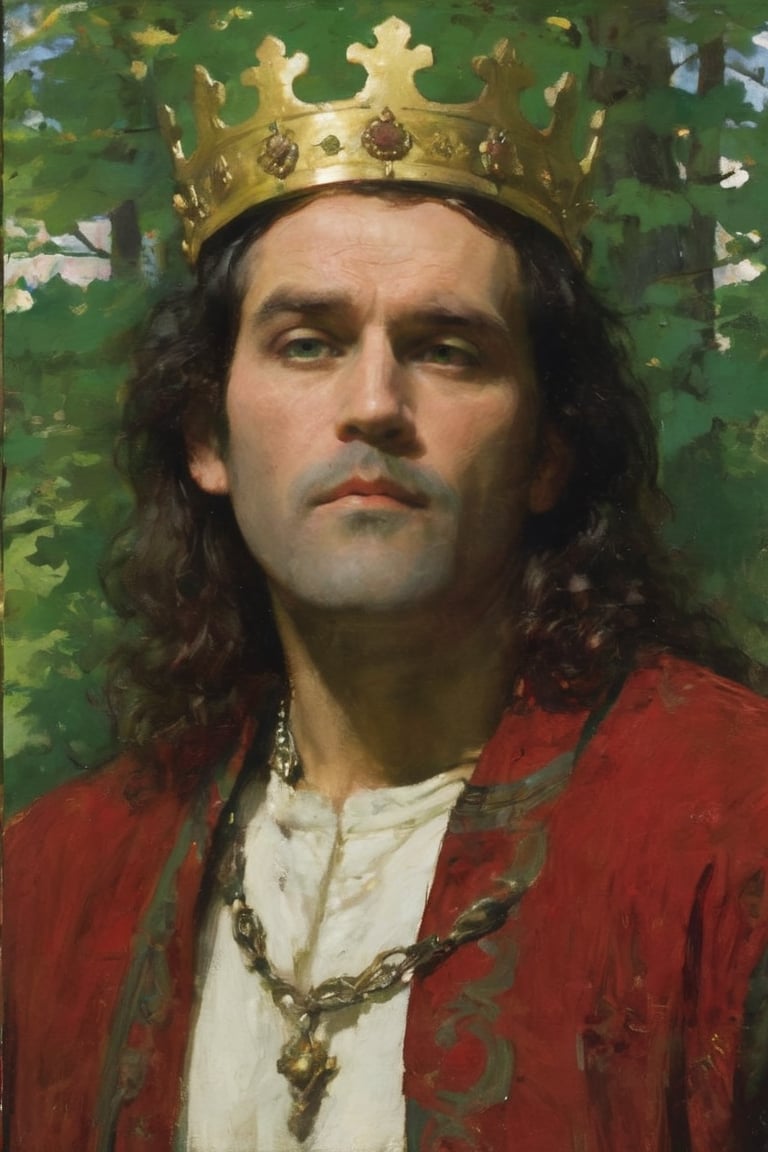 Man with green eyes and a golden crown under dappled light by Howard Pyle