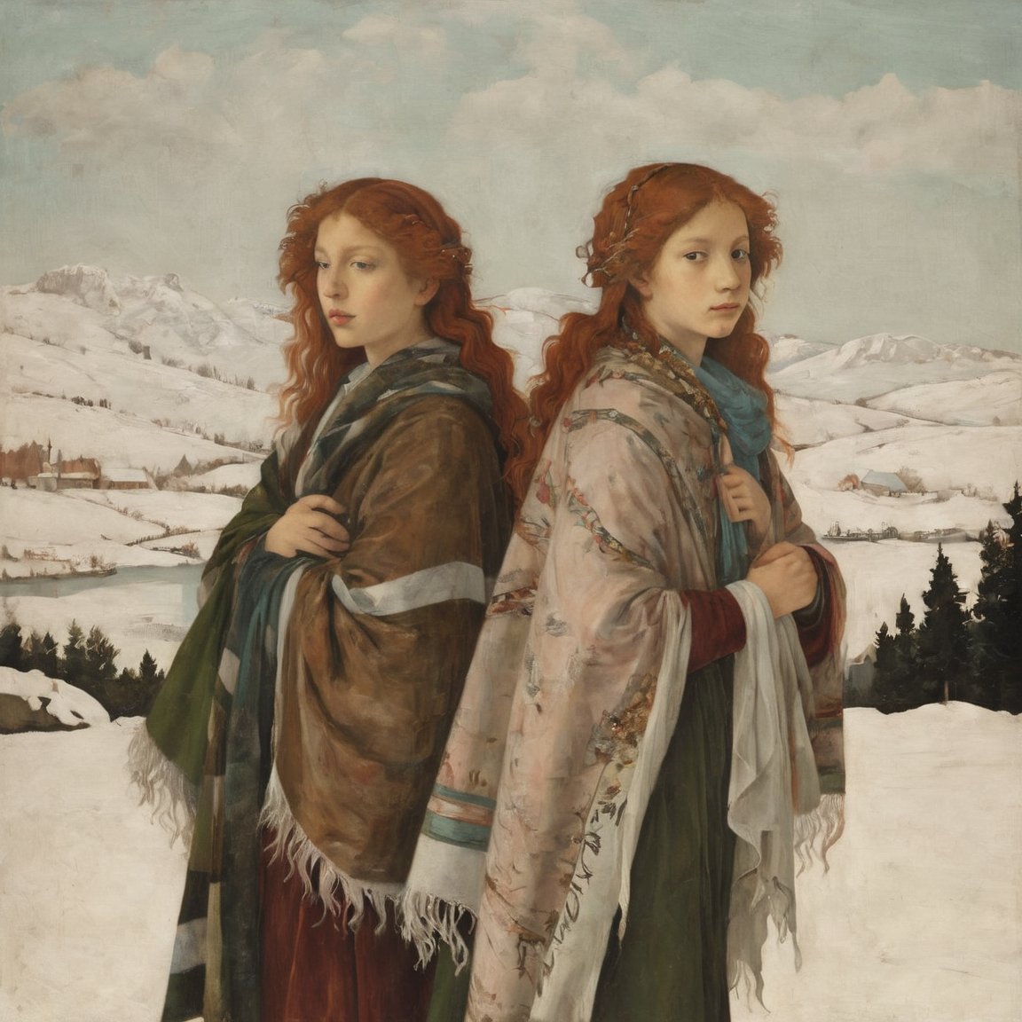 A boy and girl with copper hair in a snowy landscape with a tattered shawls by Sandro Botticelli