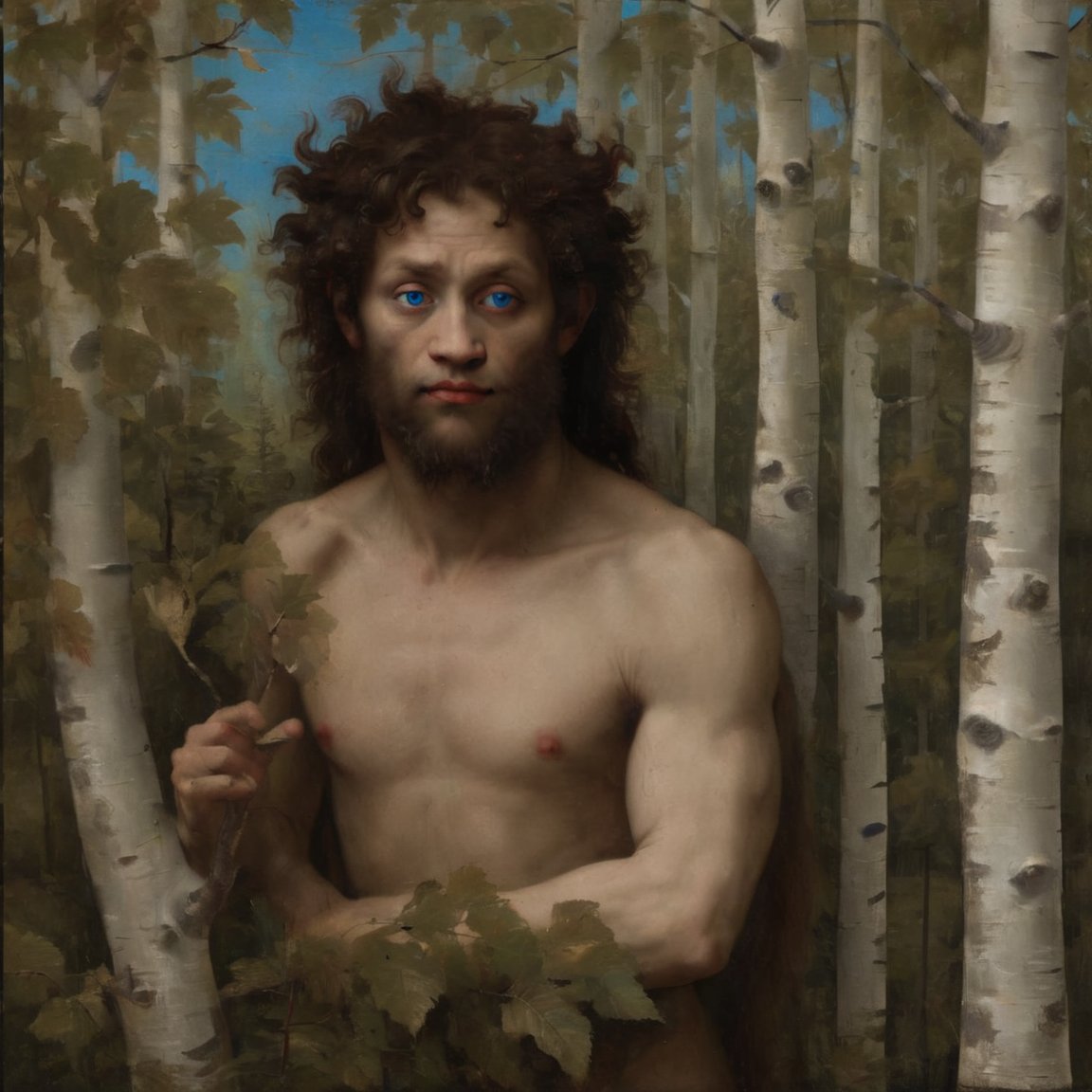 Chiaroscuro portrait of a satyr with blue eyes in a birch tree forest by Leonardo da Vinci