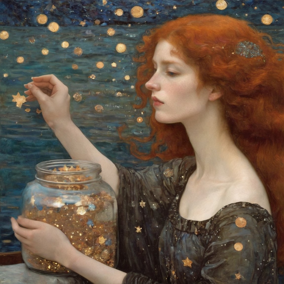 Copper-haired woman and a jar of stars in a shimmering sea by Gustav Klimt