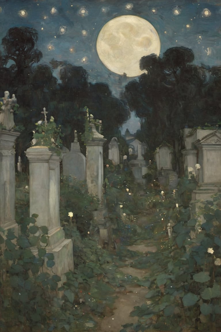 Cemetery overgrown with vines under a sky filled with stars by Gustav Klimt