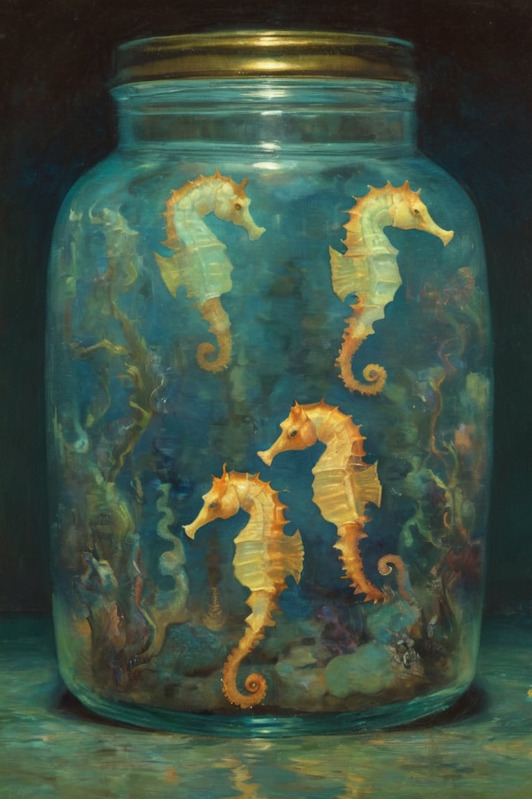 Glowing jar of seahorses underwater by Gustav Klimt