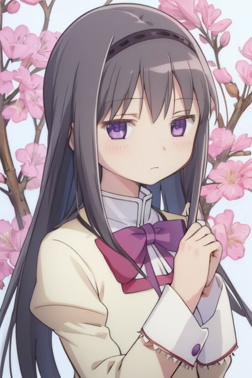 masterpiece, high quality, 1girl,  looking at viewer, close up, pov, expressionless, long hair, homuraakemi, white uniform, school uniform,  purple eyes,  , straight hair, 
