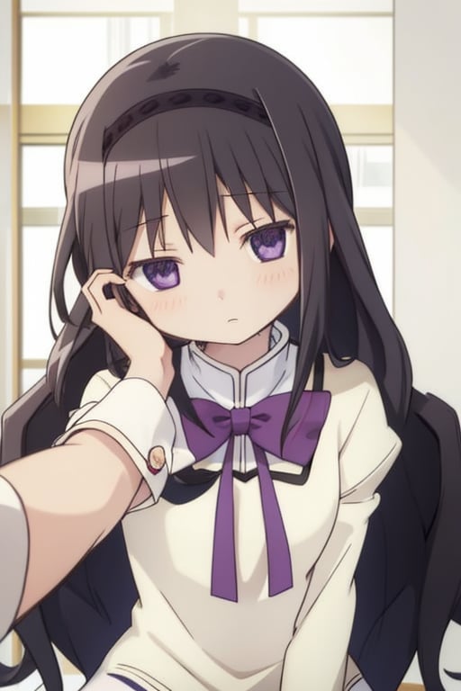 masterpiece, high quality, 1girl,  looking at viewer, close up, pov, expressionless, long hair, homuraakemi, white uniform, school uniform,  purple eyes,  , straight hair, 
