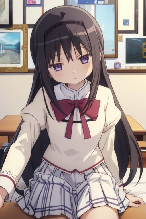 masterpiece, high quality, 1girl,  looking at viewer, close up, pov, expressionless, long hair, homuraakemi, white uniform, school uniform,  purple eyes,  , straight hair, 
