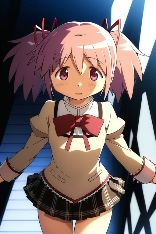 best quality, masterpiece, highres, solo, (kaname_madoka_puellamagimadokamagica:1.15), pink_hair, short_hair, twintails, short_twintails, pink_eyes, ribbon, hair_ribbon, bow, blush, 1girl, mitakihara_school_uniform, official_style, parody, school_uniform
