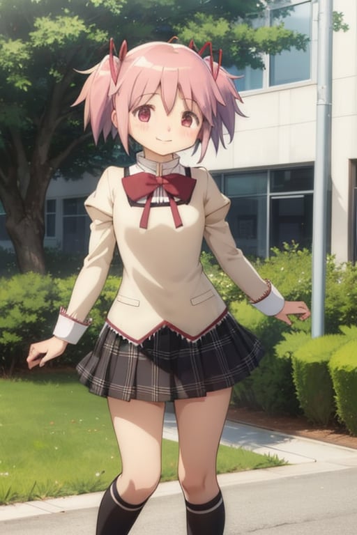 1girl, solo, madoka, school uniform, black skirt, happy, closed mouth, , outdoors background
