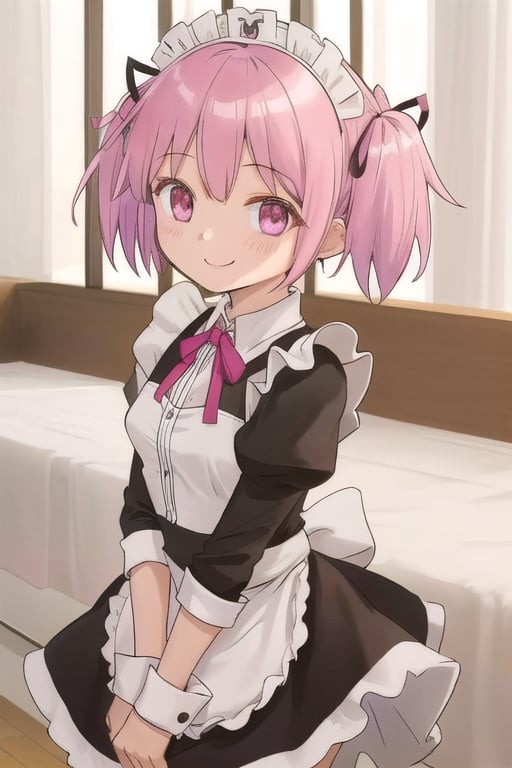 ((maid_headdress)),smile,(maid,skirt),1girl, short_hair, twintails, hair_ribbon, pink_hair, pink_eyes, short_twintails