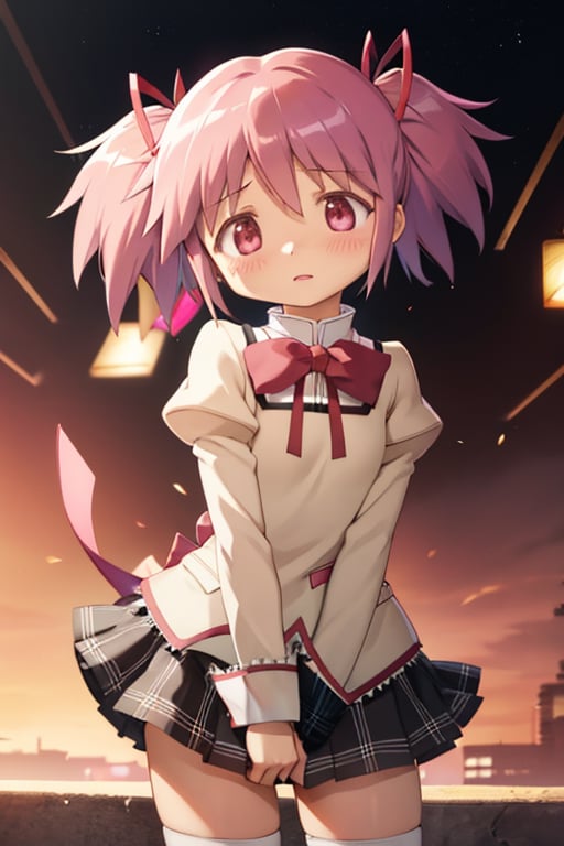 best quality, masterpiece, highres, solo, (kaname_madoka_puellamagimadokamagica:1.15), pink_hair, short_hair, twintails, short_twintails, pink_eyes, ribbon, hair_ribbon, bow, blush, 1girl, mitakihara_school_uniform, official_style, parody, school_uniform
