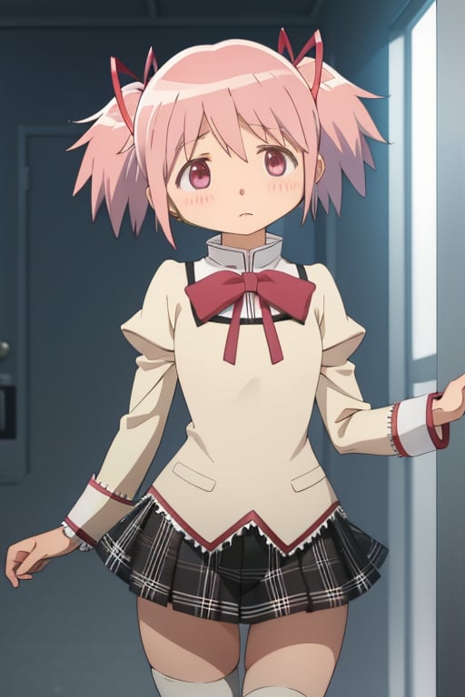 best quality, masterpiece, highres, solo, (kaname_madoka_puellamagimadokamagica:1.15), pink_hair, short_hair, twintails, short_twintails, pink_eyes, ribbon, hair_ribbon, bow, blush, 1girl, mitakihara_school_uniform, official_style, parody, school_uniform
