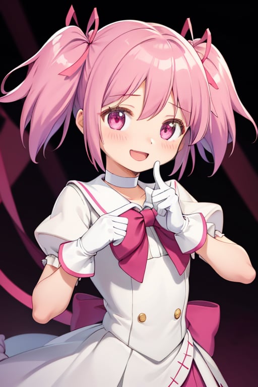 best quality, masterpiece, highres, solo, pink_hair, short_hair, twintails, short_twintails, pink_eyes, ribbon, hair_ribbon, bow, blush, 1girl, choker, hair_bow, magical_girl, gloves, white_gloves, puffy_sleeves, open_mouth, smile
