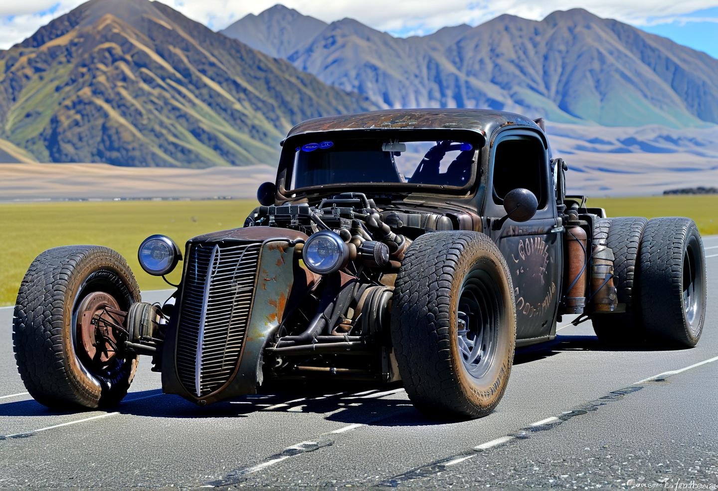 rat_rod, mountains of new zeeland , hyper detailed, ,,