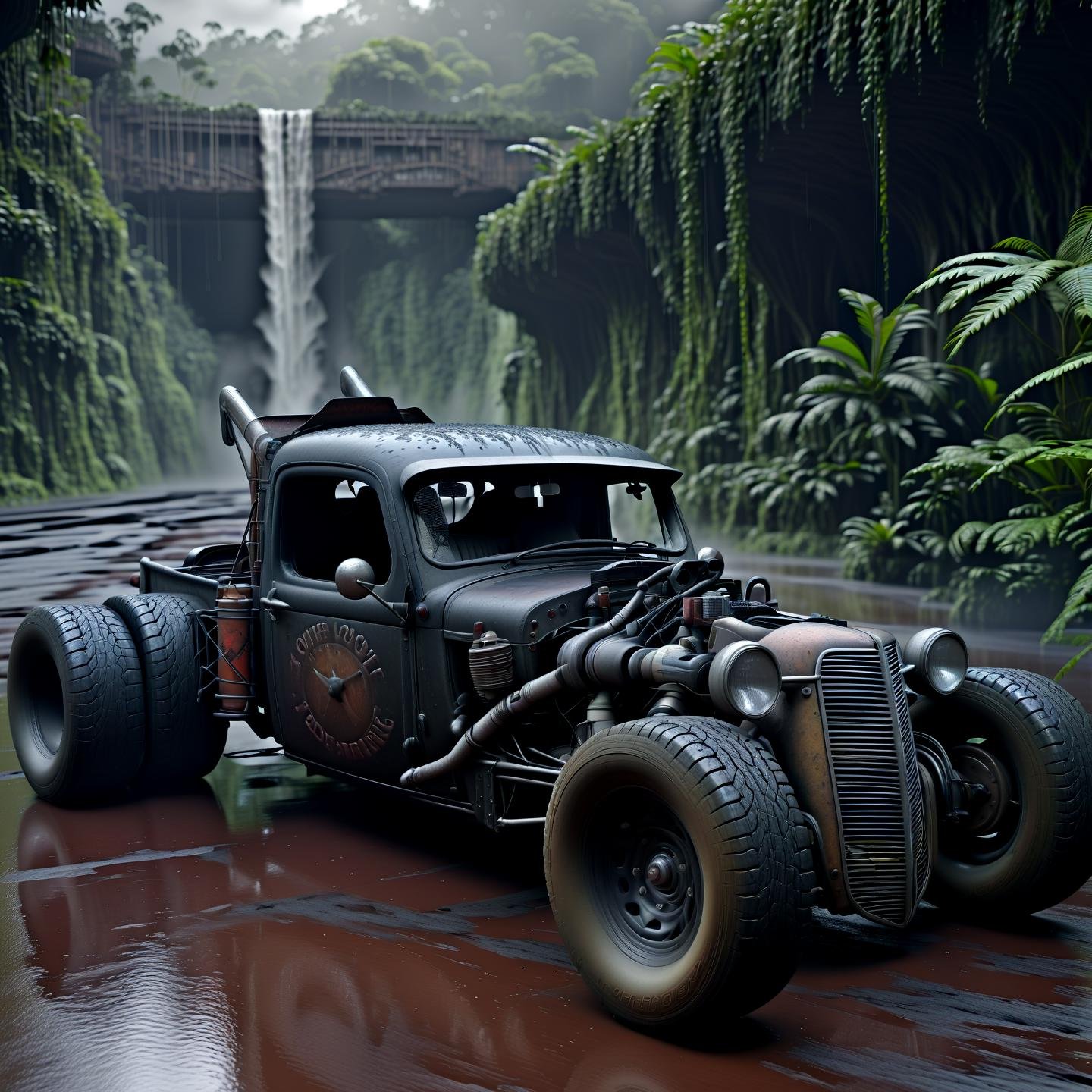 rat_rod, at lonley highway on an alien planet, rainforrest, hyper detailed, waterfall,,