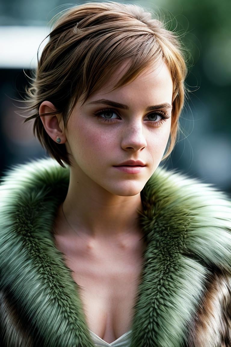 photo of beautiful (3mwatson2010:0.99), a woman in a (movie premiere gala:1.1), short pixie hairstyle, wearing (sexy green fur-trimmed coat:1.1),  ((Auroracore:1.1)), modelshoot style, (extremely detailed CG unity 8k wallpaper), professional majestic (photography by  ansel adams:1.1), (Nikon FE Camera), 24mm, exposure blend, hdr, faded, extremely intricate, High (Detail:1.1), Sharp focus, dramatic, soft cinematic light, (looking at viewer), (detailed pupils), (upper body), 24mm, 4k textures, soft cinematic light, adobe lightroom, photolab, elegant, ((((cinematic look)))), soothing tones, insane details, hyperdetailed, low contrast