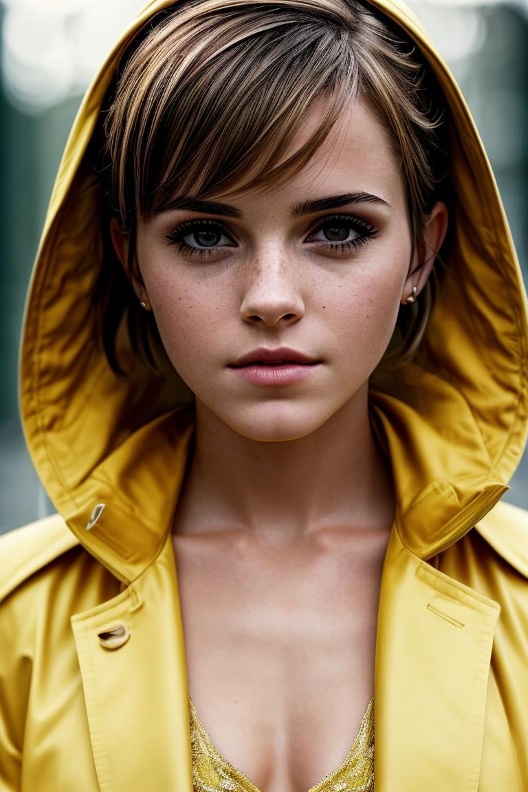 photo of beautiful (emw100:0.99), a woman in a (movie premiere gala:1.1), perfect hair, wearing (sexy yellow raincoat:1.1),  ((Snowdrop:1.1)), modelshoot style, (extremely detailed CG unity 8k wallpaper), professional majestic (photography by  henri cartier-bresson:1.1), (Nikon D3500 DSLR Camera), 24mm, exposure blend, hdr, faded, extremely intricate, High (Detail:1.1), Sharp focus, dramatic, soft cinematic light, (looking at viewer), (detailed pupils), (upper body), 24mm, 4k textures, soft cinematic light, adobe lightroom, photolab, elegant, ((((cinematic look)))), soothing tones, insane details, hyperdetailed, low contrast