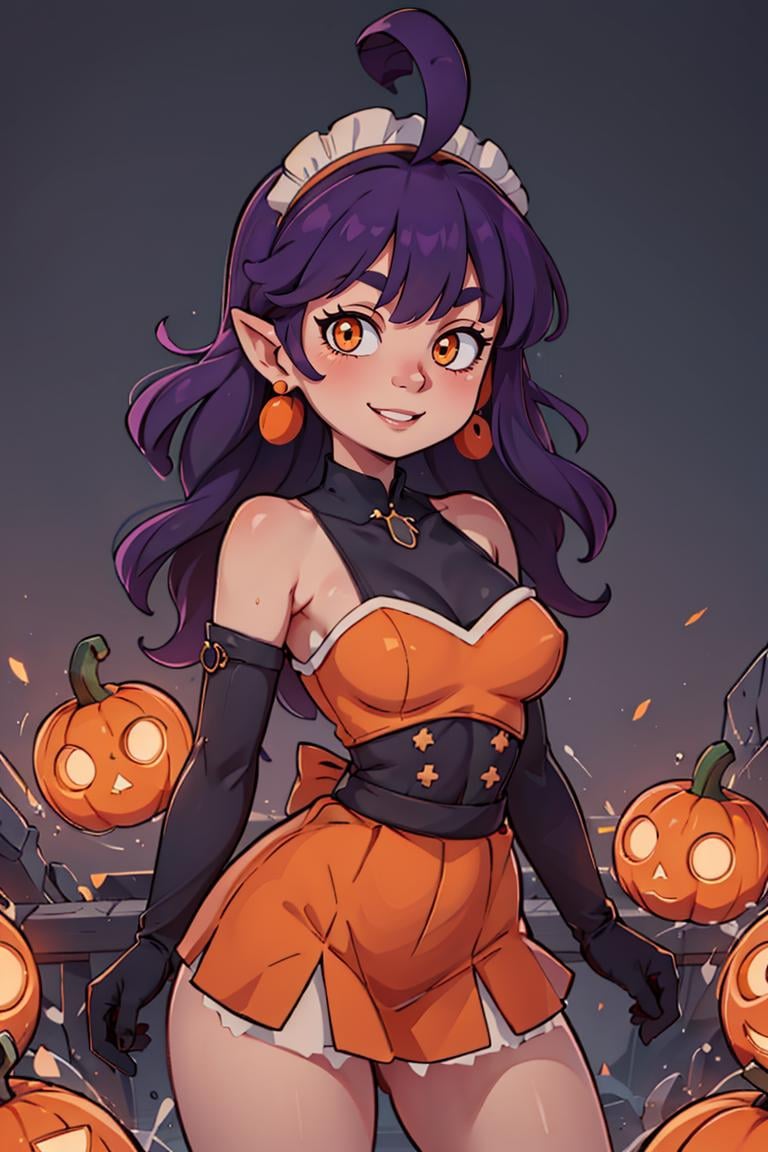 centered, award winning upper body portrait, cowboy shot, (looking at viewer:1.2), |<lora:Stardust_Pumpkins_Citron_OC_Anime:0.8>, Stardust_Pumpkins_Citron_OC, 1girl, solo, long purple hair,  orange eyes, ahoge, pointy ears, orange dress, elbow gloves, bare shoulders, maid headdress, jewelry, earrings, solo, smiling, , contrapposto, | graveyard, pumpkins in background, | bokeh, depth of field, cinematic composition, | 