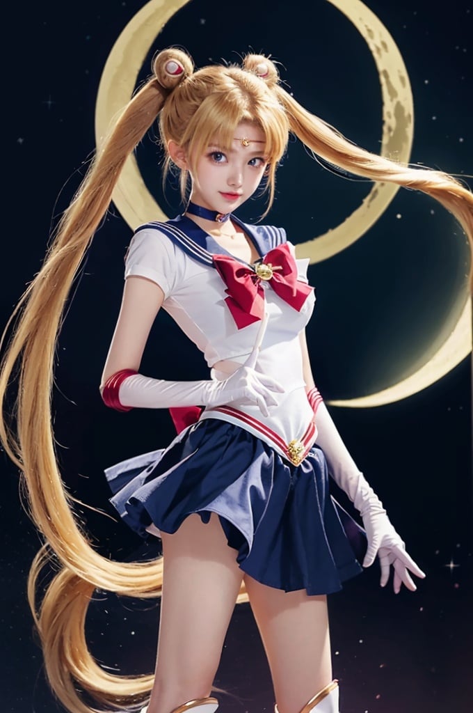  (best illumination, best shadow, extremely delicate and beautiful), (official art, beautiful and aesthetic:1.2), pose for picture,big_breast,
shuobingyue, 1girl, tsukino usagi, solo, sailor moon, long hair, blue sailor collar, sailor senshi uniform, sailor collar, magical girl, red bow, blonde hair, bow, skirt, boots, knee boots, twintails, red choker, gloves, choker, blue eyes, blue skirt, double bun, hair bun, white gloves, moon, elbow gloves, very long hair, back bow, full body