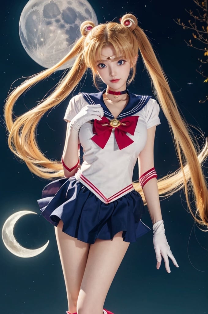  (best illumination, best shadow, extremely delicate and beautiful), (official art, beautiful and aesthetic:1.2), pose for picture,big_breast,
shuobingyue, 1girl, tsukino usagi, solo, sailor moon, long hair, blue sailor collar, sailor senshi uniform, sailor collar, magical girl, red bow, blonde hair, bow, skirt, boots, knee boots, twintails, red choker, gloves, choker, blue eyes, blue skirt, double bun, hair bun, white gloves, moon, elbow gloves, very long hair, back bow, full body