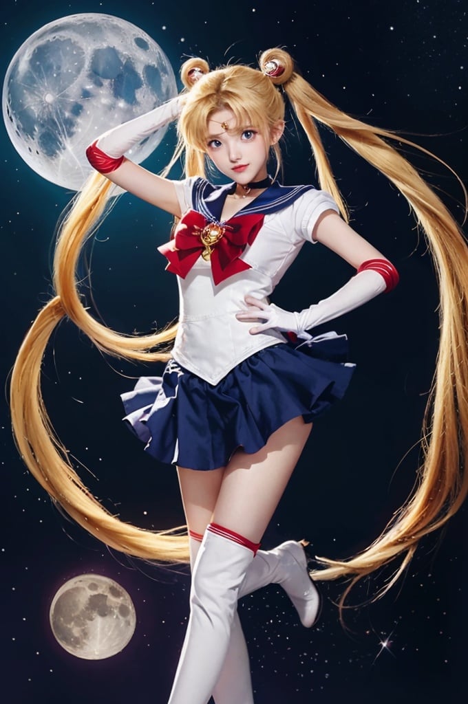  (best illumination, best shadow, extremely delicate and beautiful), (official art, beautiful and aesthetic:1.2), pose for picture,big_breast,
shuobingyue, 1girl, tsukino usagi, solo, sailor moon, long hair, blue sailor collar, sailor senshi uniform, sailor collar, magical girl, red bow, blonde hair, bow, skirt, boots, knee boots, twintails, red choker, gloves, choker, blue eyes, blue skirt, double bun, hair bun, white gloves, moon, elbow gloves, very long hair, back bow, full body