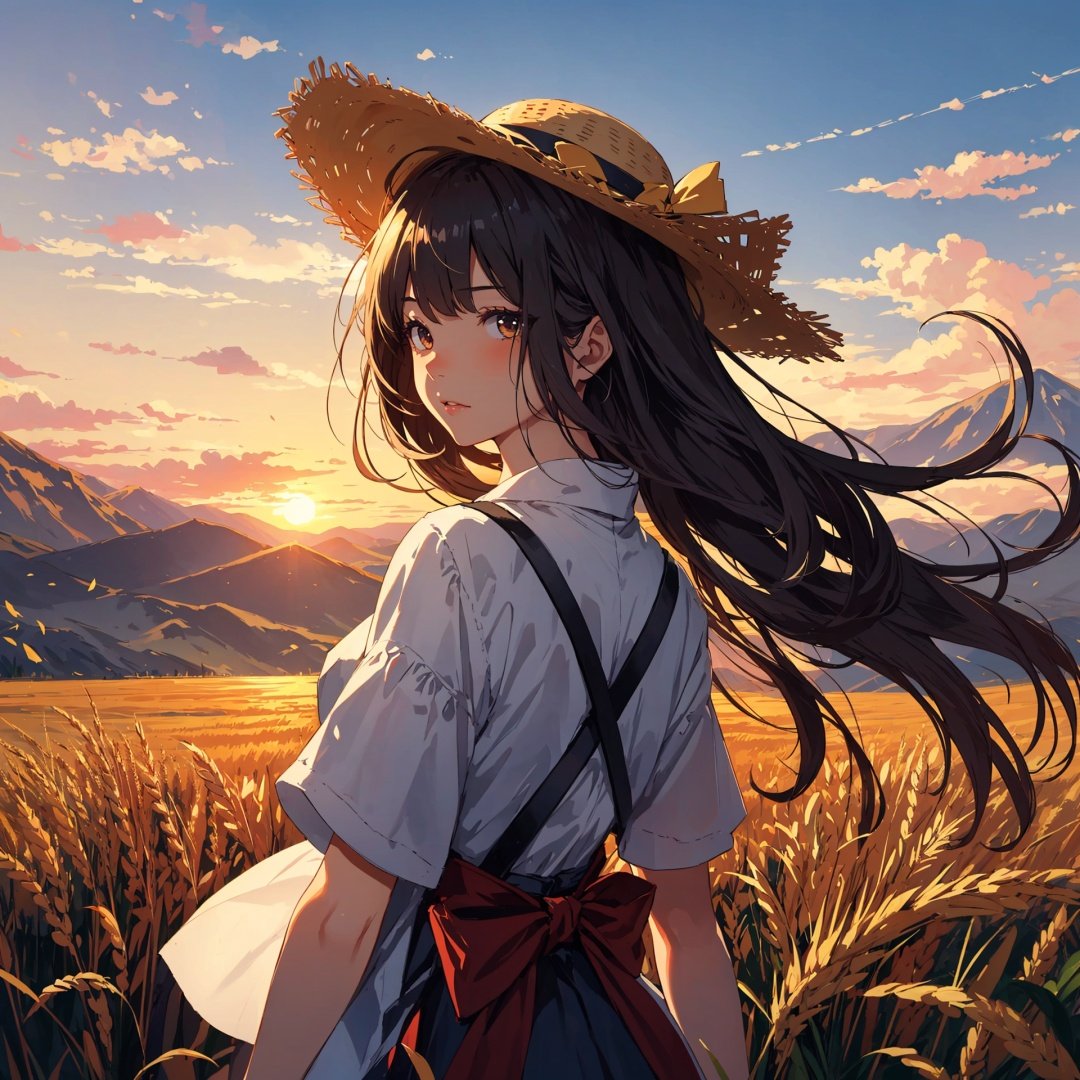  (((high detail))), best quality, 1girl, working in the golden wheat field, straw hat,dark brown long flowing hair blowing in the wind, BREAK, mountains in the far background, sunset