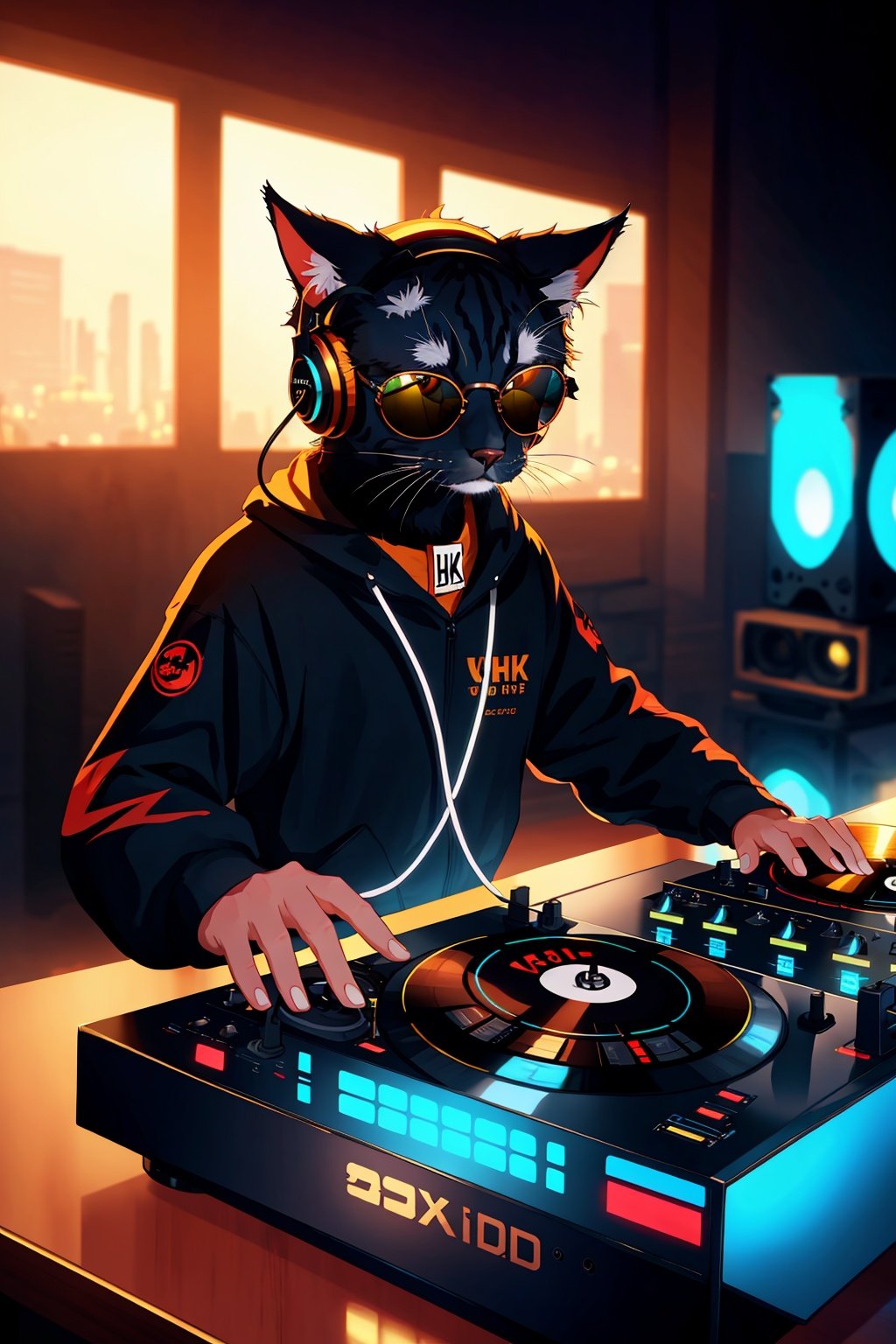  8k uhd rtx on cinematic artistic photoreal masterpiece best quality high resolution, A Cat DJ, wearing sunglasses and headphones, working the turntables as a DJ,