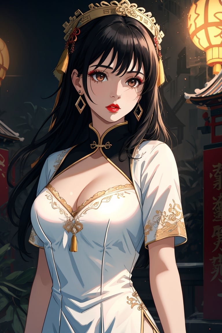  1girl, black_hair, breasts, brown_eyes, chinese_clothes, cleavage, dress, hair_ornament, jewelry, letterboxed, lips, long_hair, makeup, medium_breasts, solo, upper_body, white_dress,earrings,facial_mark,ultra realistic,8k,cg,movie light effect,(masterpiece:1.3),(surreal style:1.3),best quality,Depth of field,extremely detailed wallpaper,Ultra HD,incredibly absurdres,best quality,