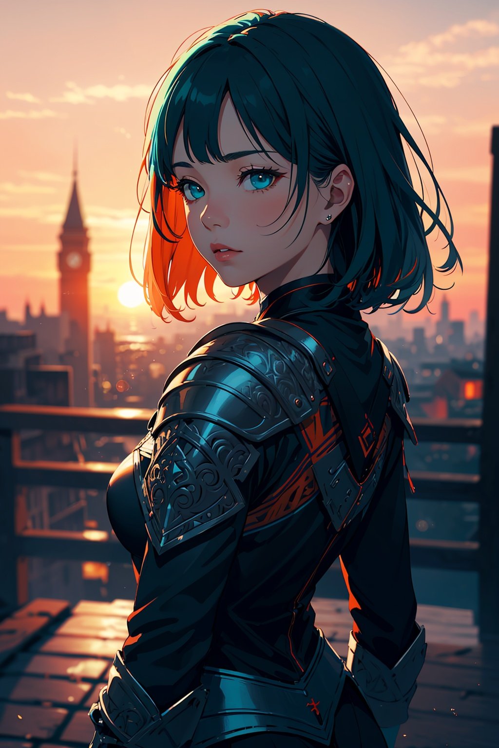  (absurdres, highres, ultra detailed)(masterpiece), (extremely intricate:1.3), (realistic), portrait of a girl\( the most beautiful in the world, (medieval armor), metal reflections, upper body, look back\), sharp focus, BREAK, outdoors, intense sunlight, far away castle, dramatic, award winning, cinematic lighting, , volumetrics dtx, (film grain, blurry background, blurry foreground, bokeh, depth of field, sunset, motion blur:1.3), chainmail, exposure blend, medium shot, bokeh, (hdr:1.4), high contrast, (cinematic, teal and orange:1.4), (muted colors, dim colors, soothing tones:1.3), low saturation