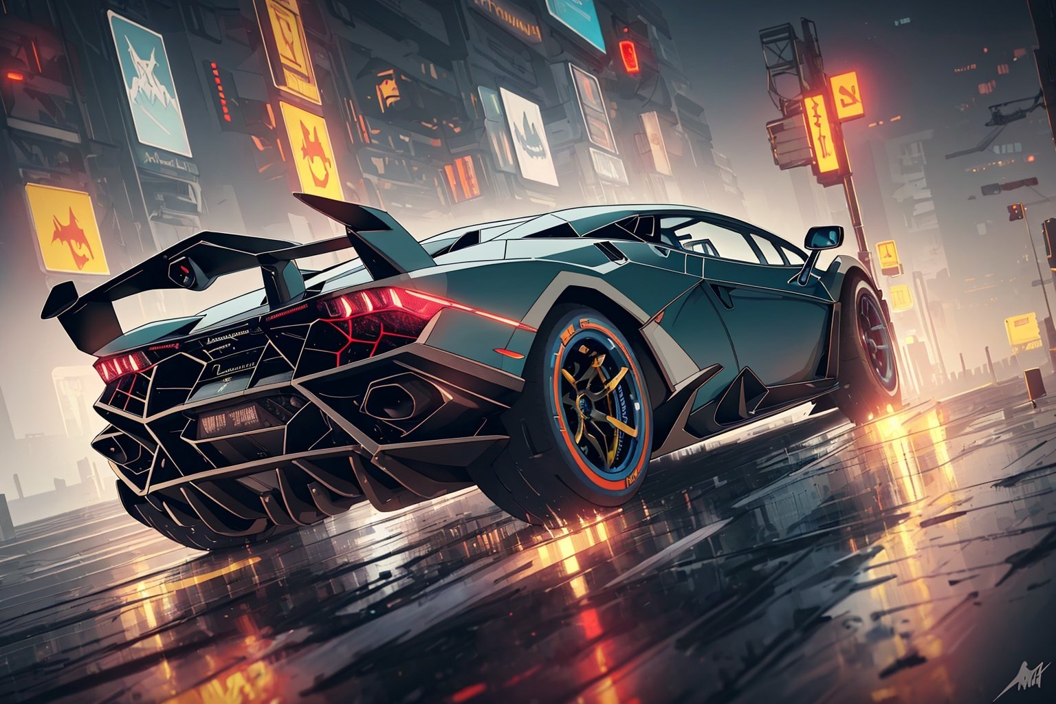  masterpiece, best quality, detailed, realistic, ((cyberpunk Lamborghini Hermes racing))\(\with beaming from the tailpipe and glowing tires\),BREAK,night,ground smoke, light up the surroundings,cinematic lighting,highly detailed, lumen render, 8k,bokeh